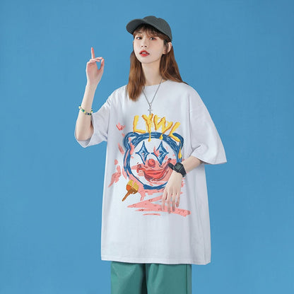 話題沸騰中 カジュアル  ゆったり プリント 2色半袖Tシャツ＜ins-8159＞