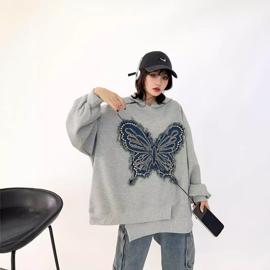 都市ファッショ デザイン オシャレ おしゃれ度高め 刺繍 ホットダイヤモンド カジュアル 3色選択 パーカーE-9290