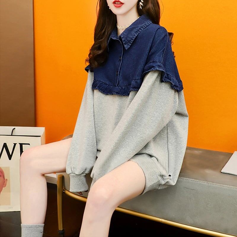 デザイン感 長袖 デイリー 切り替え スウェット スウェットE-2267