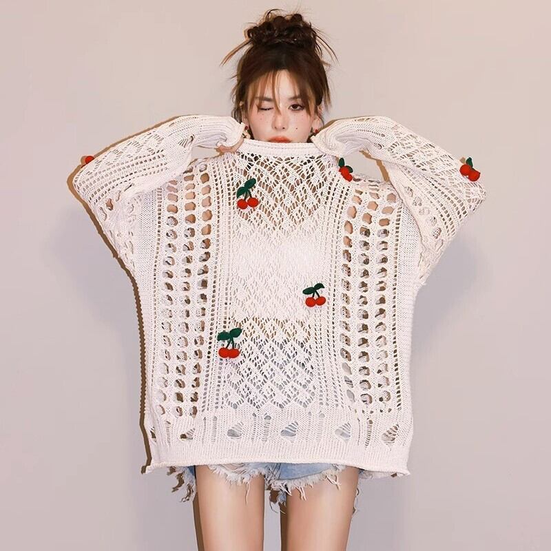 話題沸騰中 キュート 美人度アップ おしゃれ度高め 透かし彫り ニットトップスE-9154