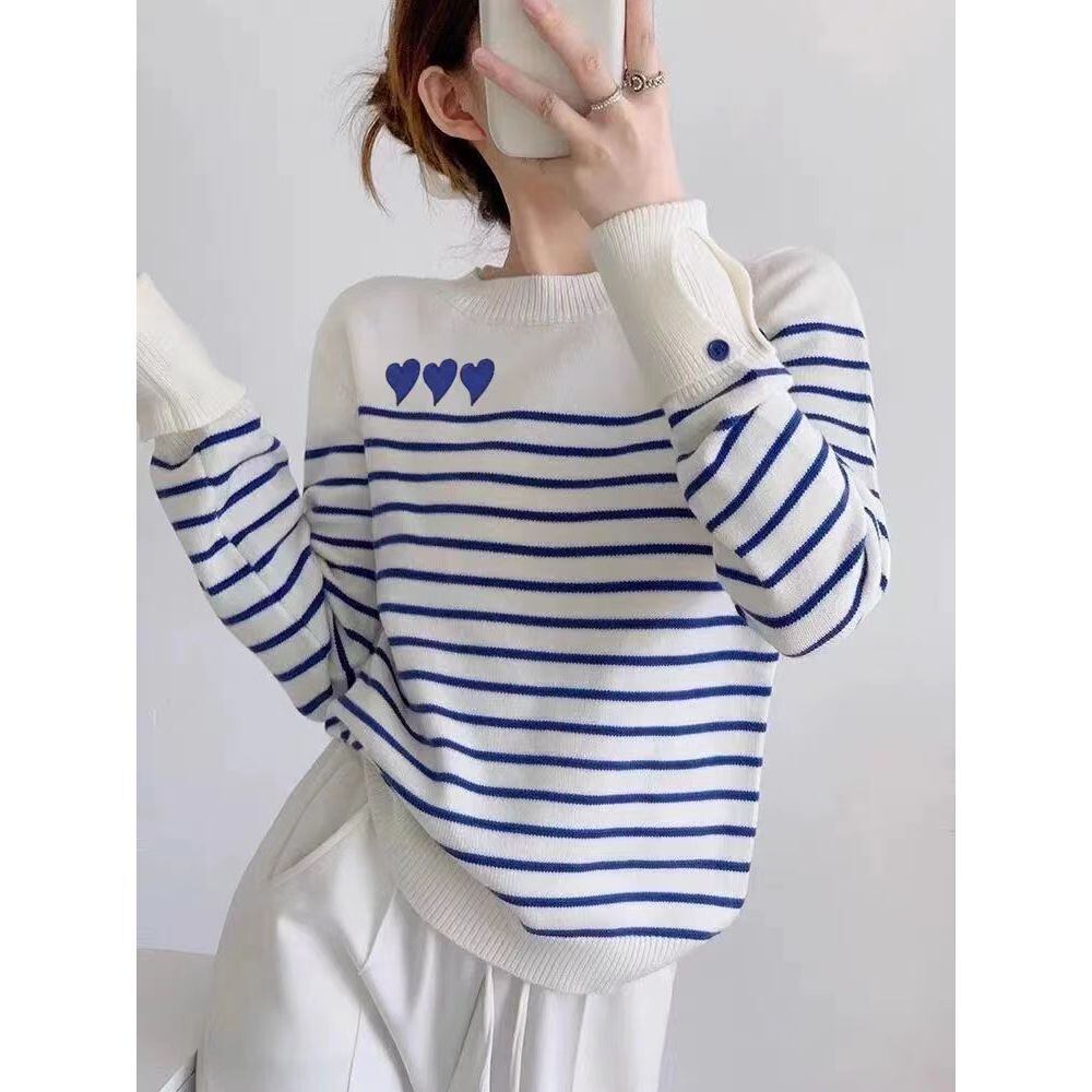 都市ファッショ デザイン オシャレ 気質アップ ストライプ柄 ニットトップスE-9661