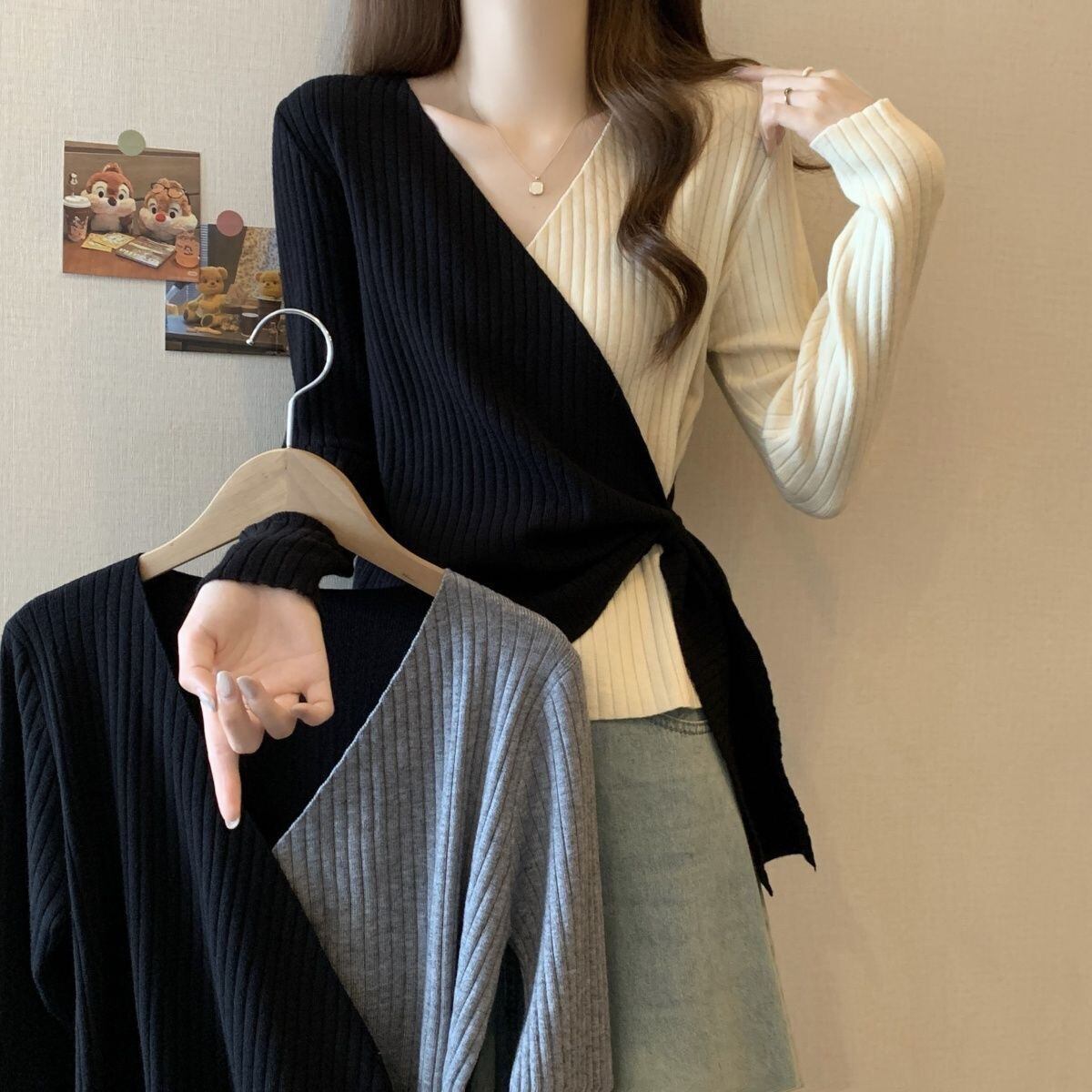 都市ファッショ デザイン オシャレ 個性的なデザイン 切り替え 2色選択 ニットトップスE-9574