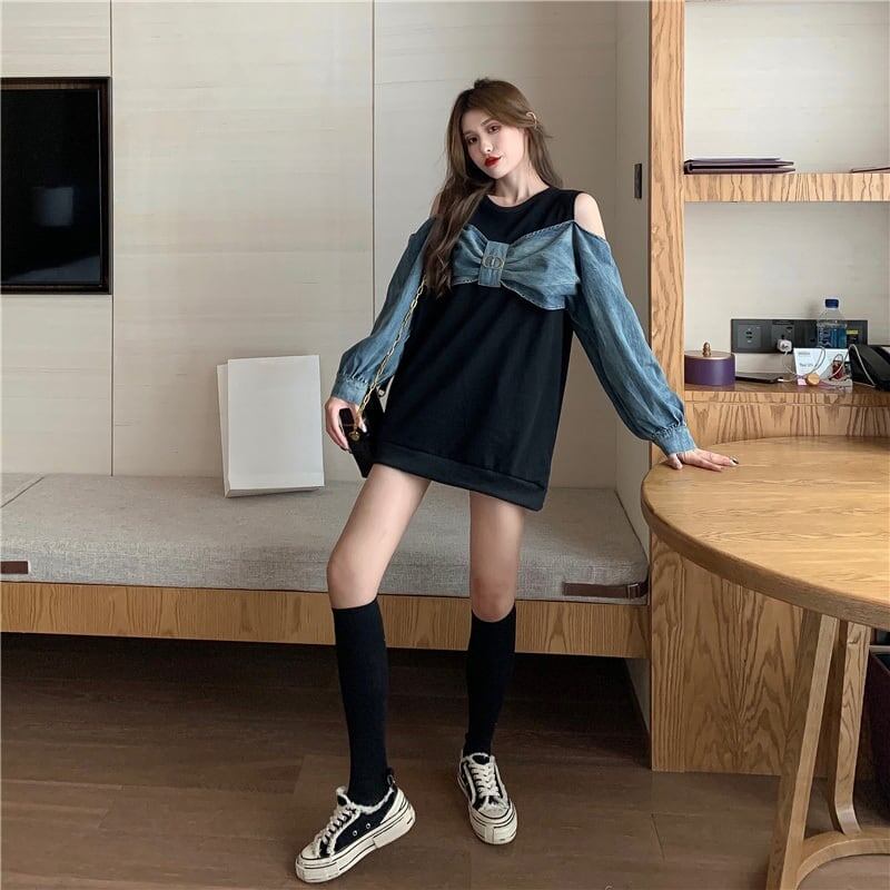 スタイリッシュ ラウンドネック 一目惚れ 切り替え 蝶結び スウェット パーカーE-2849