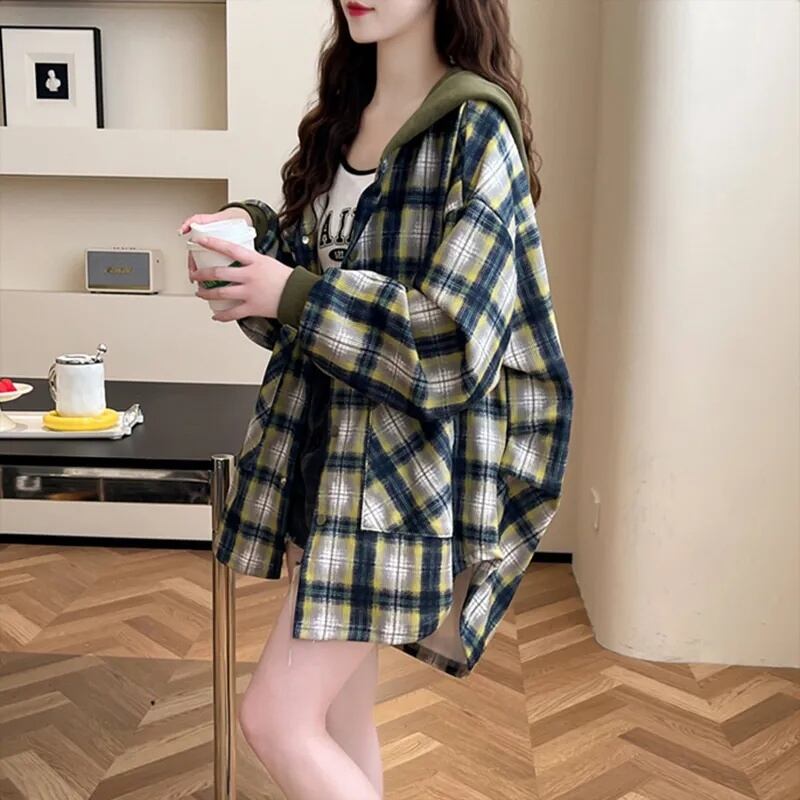 スタイルアップ効果抜群 チェック柄 カジュアル 2色選択 シャツ E-10724