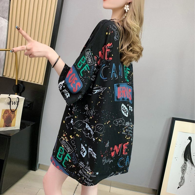 スタイリッシュ 一目惚れ 切り替え プリント Tシャツ カットソー＜ins-3540＞