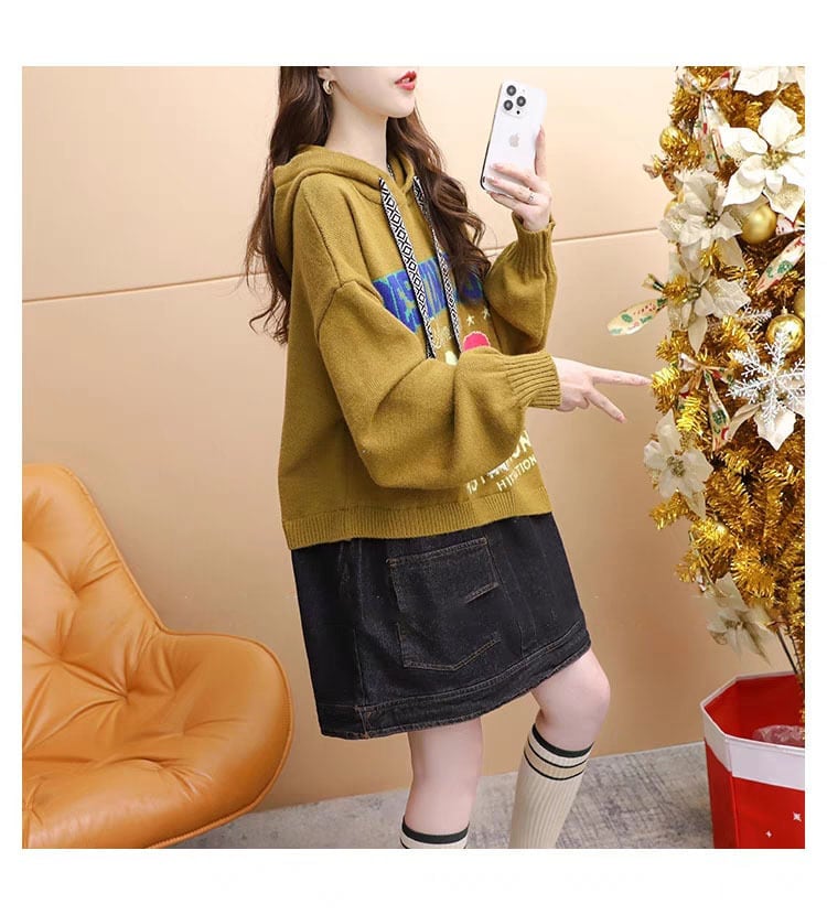 着?せアルファベットロゴ切り替えデニムゆったりロングニットパーカー全2色E-4392