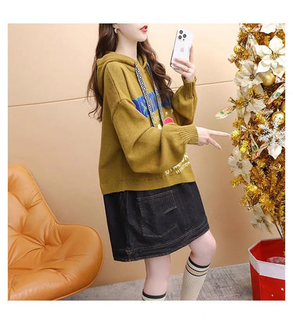 着?せアルファベットロゴ切り替えデニムゆったりロングニットパーカー全2色E-4392