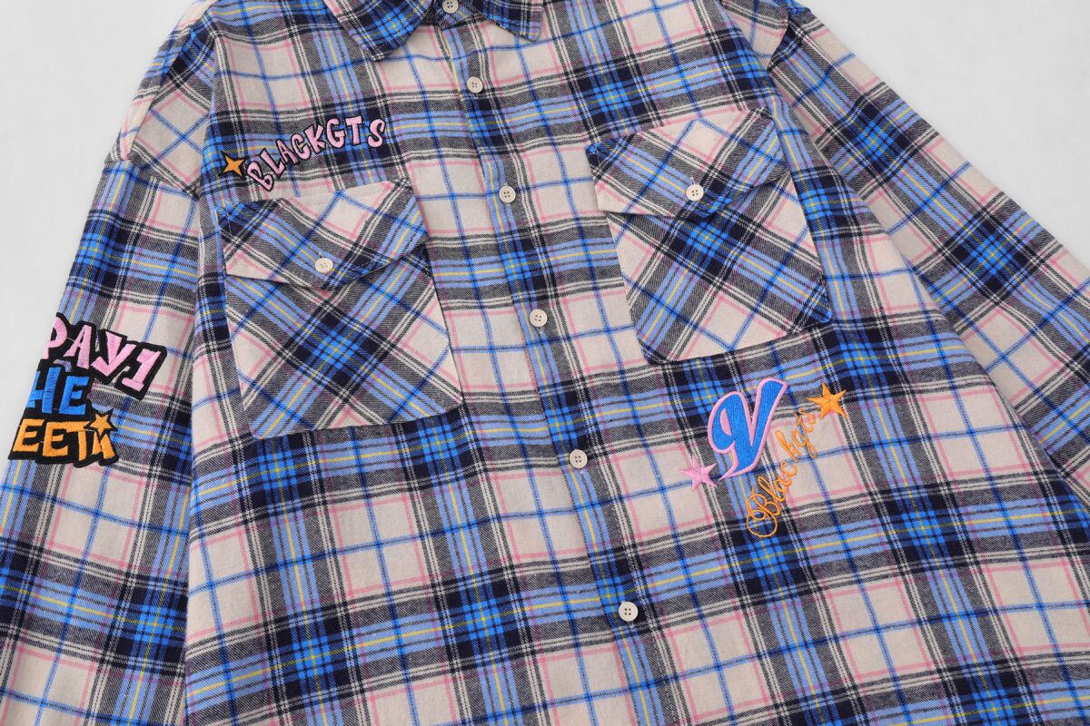 存在感抜群 カジュアル トレンドアイテム チェック柄 刺繍 全2色 シャツ E-9163