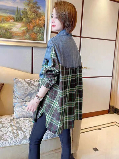 今季マストバイ 着心地良い 絶対欲しい チェック柄 切り替え デニム シャツ E-9266