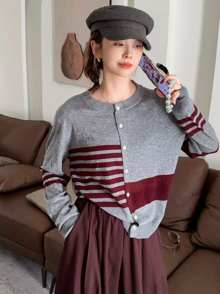 都市ファッショ デザイン オシャレ 切り替え ストライプ柄 ニットトップスE-9581