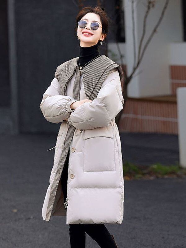 都市ファッショ デザイン オシャレ 切り替え 2色選択 ロングダウンジャケット E-9739