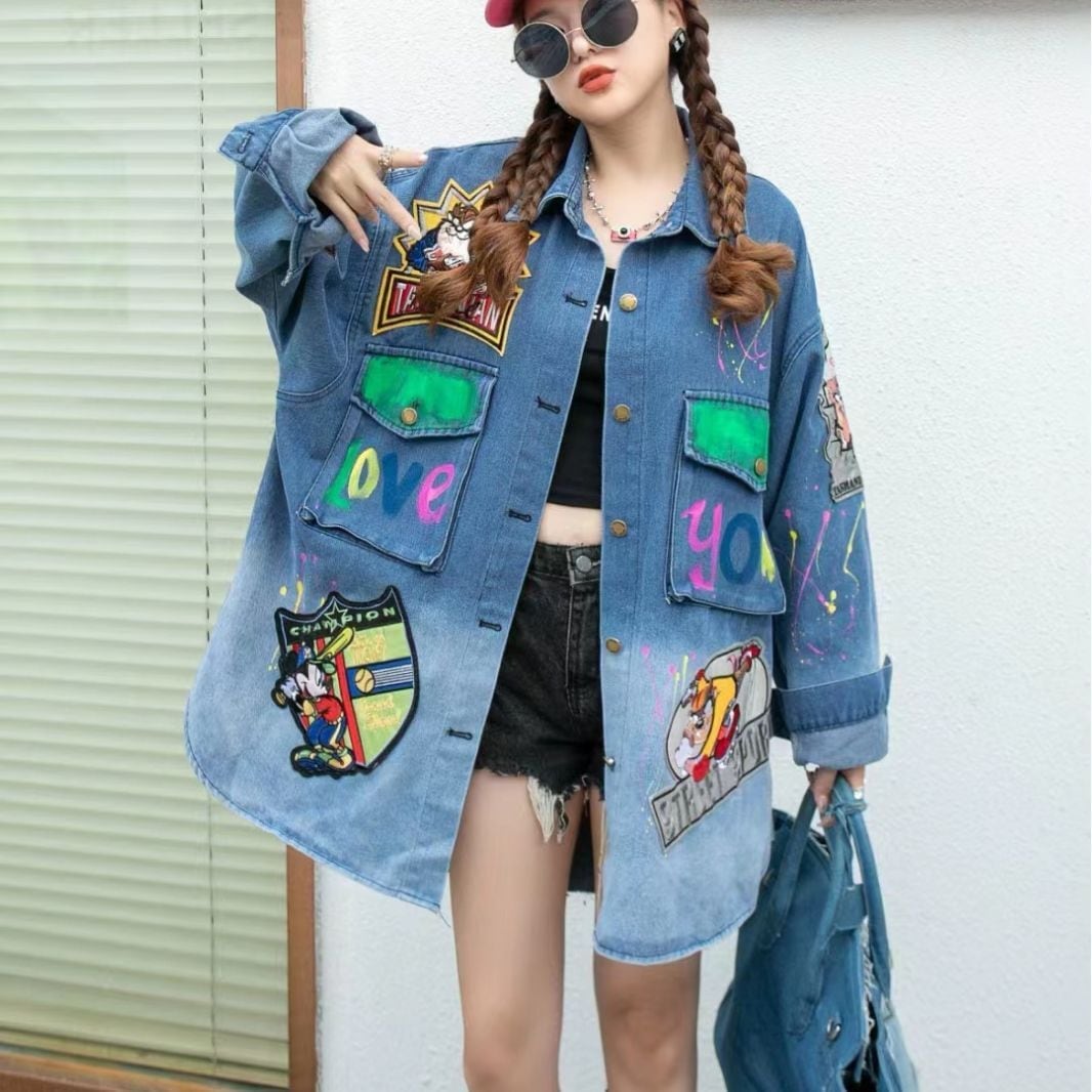 大活躍 刺?ロゴ 落書きストレート系 デニムジャケットゆったりコートiEf-4764