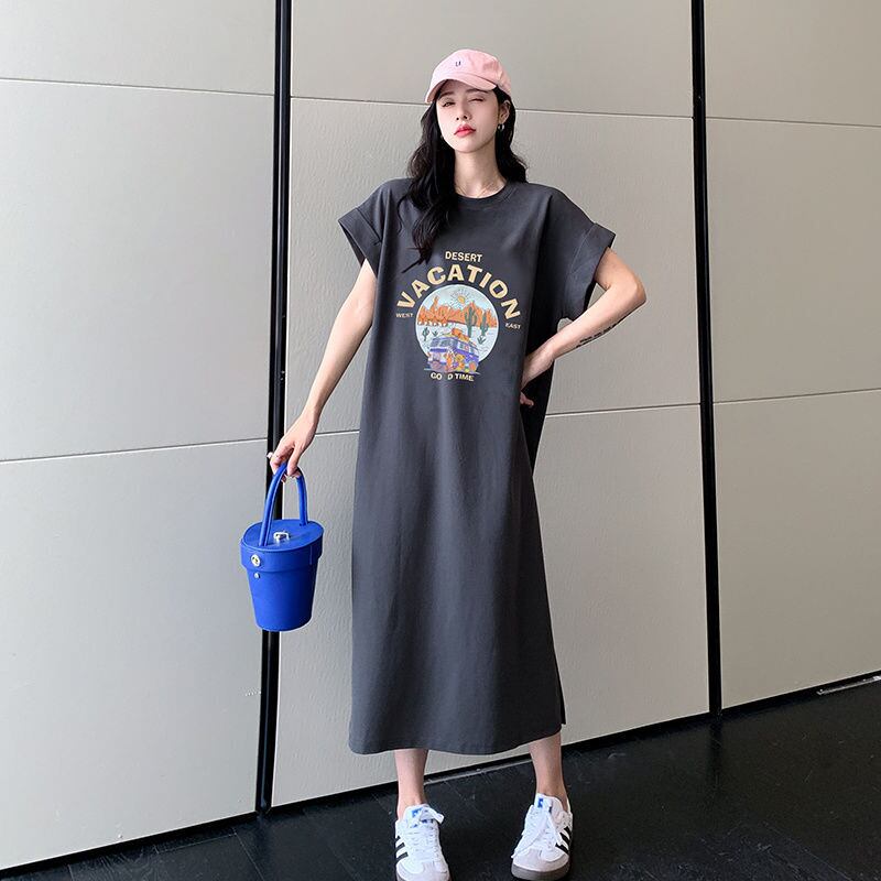 売り切れ必至 一目惚れ プリント Tシャツ カットソー ワンピース＜ins-8529＞