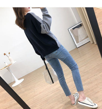 着回し力抜群 不規則 おしゃれ度高め イレギュラー 切り替え 2色選択 ニットトップスE-9462