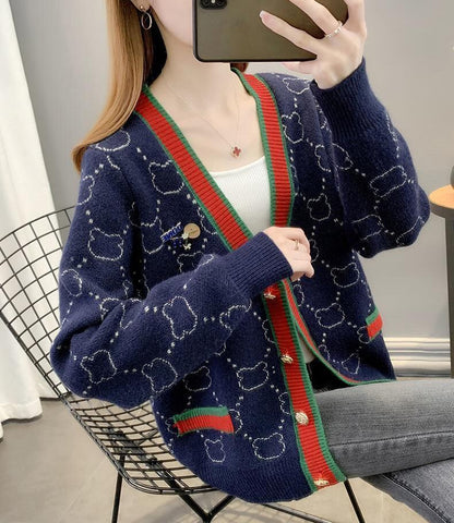 都市ファッショ デザイン オシャレ 上質 切り替え 4色選択 ニットトップスE-9666