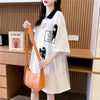 POLOネック ストライプ柄 切り替え ロング Tシャツ ゆったりワンピース ＜ins-3031＞