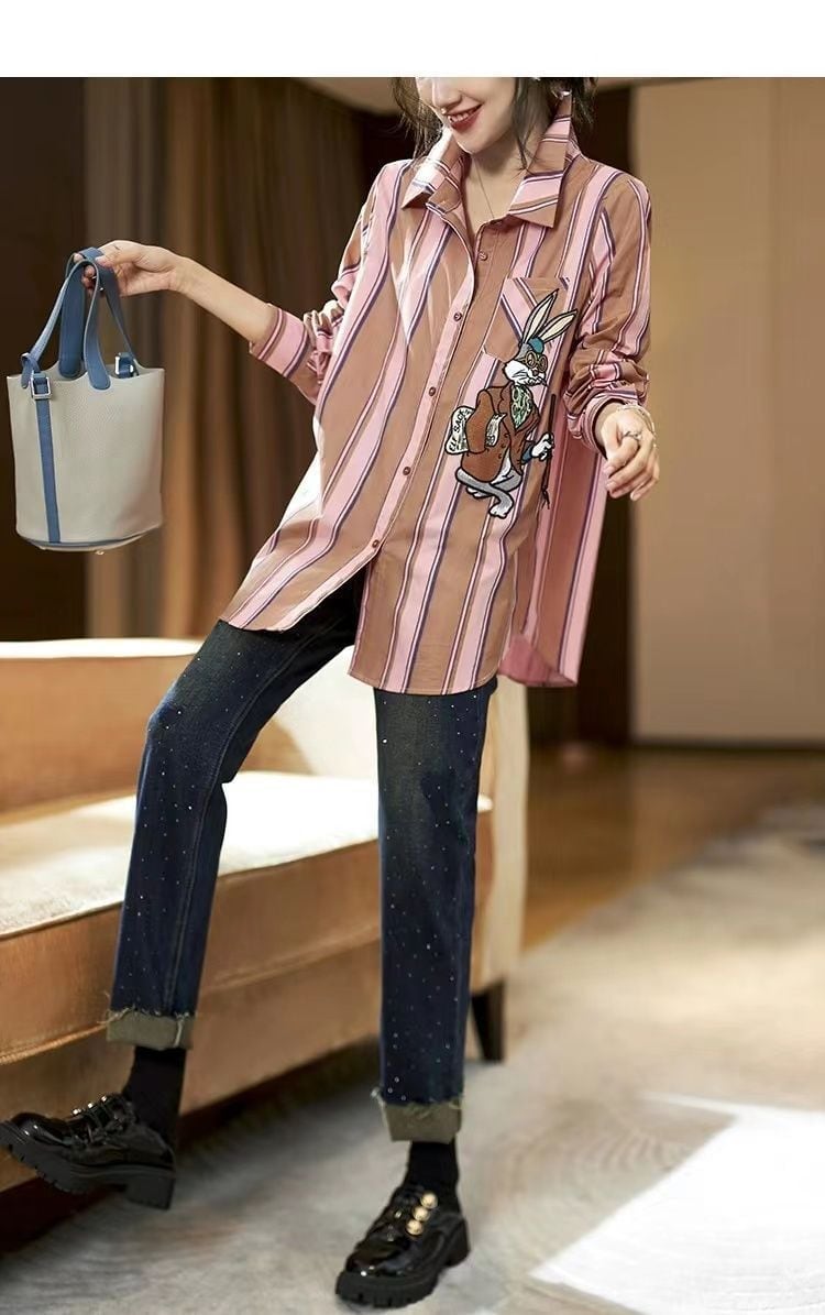 都市ファッショ デザイン オシャレ エレガント ストライプ柄 全2色 シャツ E-9162