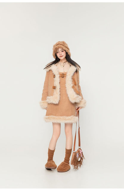 アクティブも綺麗も叶う  求めてたデザイン ぬいぐるみジャケットⅹサスペンダースカートセットE-9915