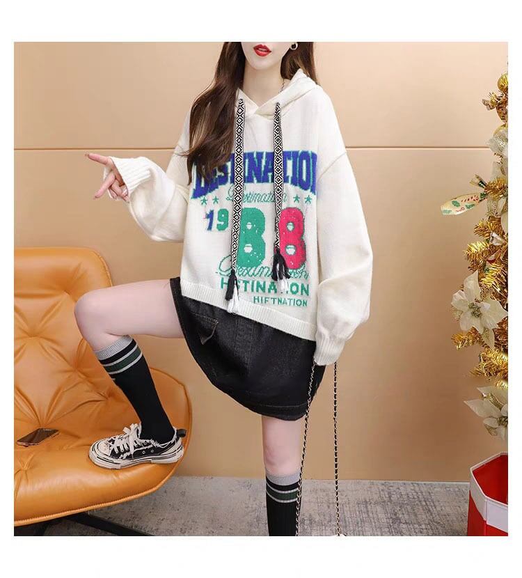 着?せアルファベットロゴ切り替えデニムゆったりロングニットパーカー全2色E-4392