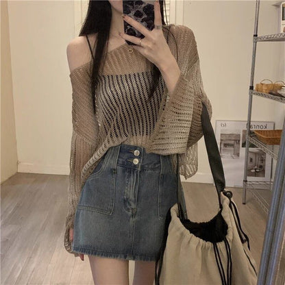 韓国風ファッション 透かし彫り 柔らかくて優しい印象 ニットトップスE-9153