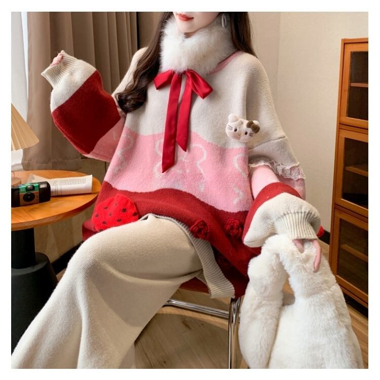 人気爆発中 トレンドアイテム 存在感抜群 大人可愛い カラーマッチング 2色選択ニットトップスE-10584