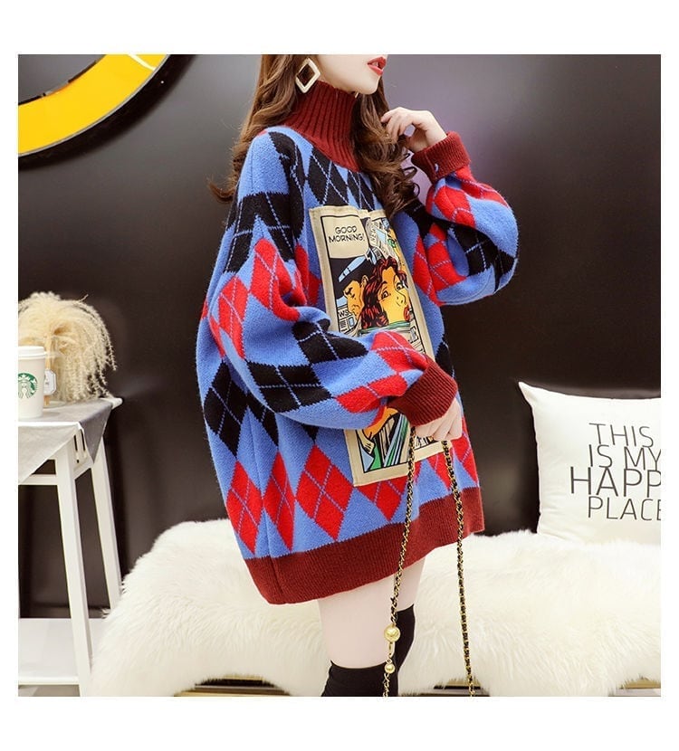 超人気配色チェック柄グラフィックロゴニットセーターハイネック3色ありE-4328