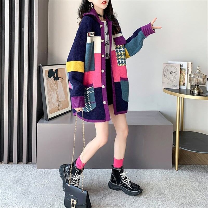 【人気商品再入荷】着心地良い 折り襟 大好評 長袖 切り替えカーディガンE-2193