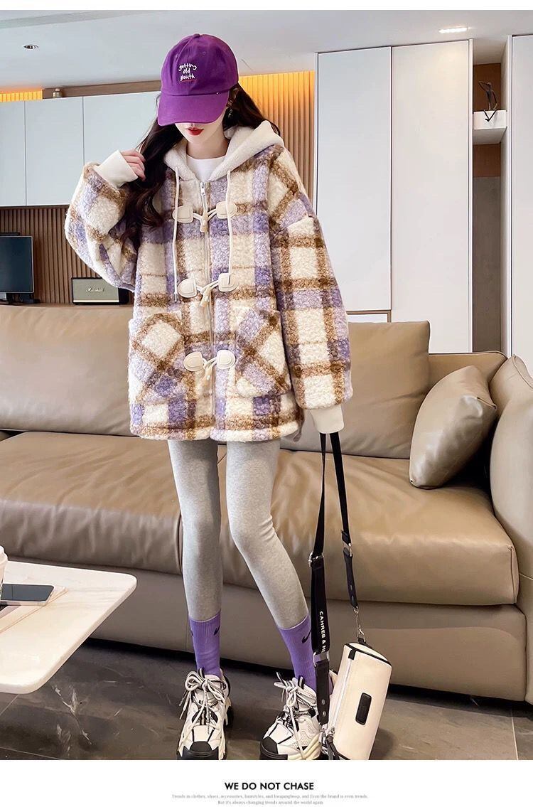 絶対流行 カジュアル 柔らかくて優しい印象 チェック柄 2色選択 ラムフリース コート ボアジャケットE-9854