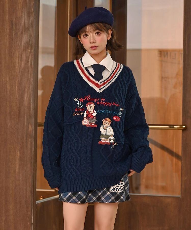 超人気 気質アップ 絶対欲しい Vネック 刺繍 切り替え2色選択 ニットトップスE-9577