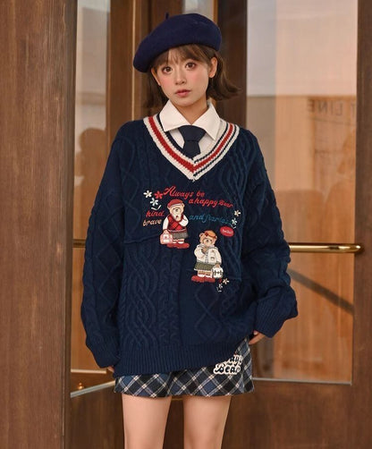 超人気 気質アップ 絶対欲しい Vネック 刺繍 切り替え2色選択 ニットトップスE-9577