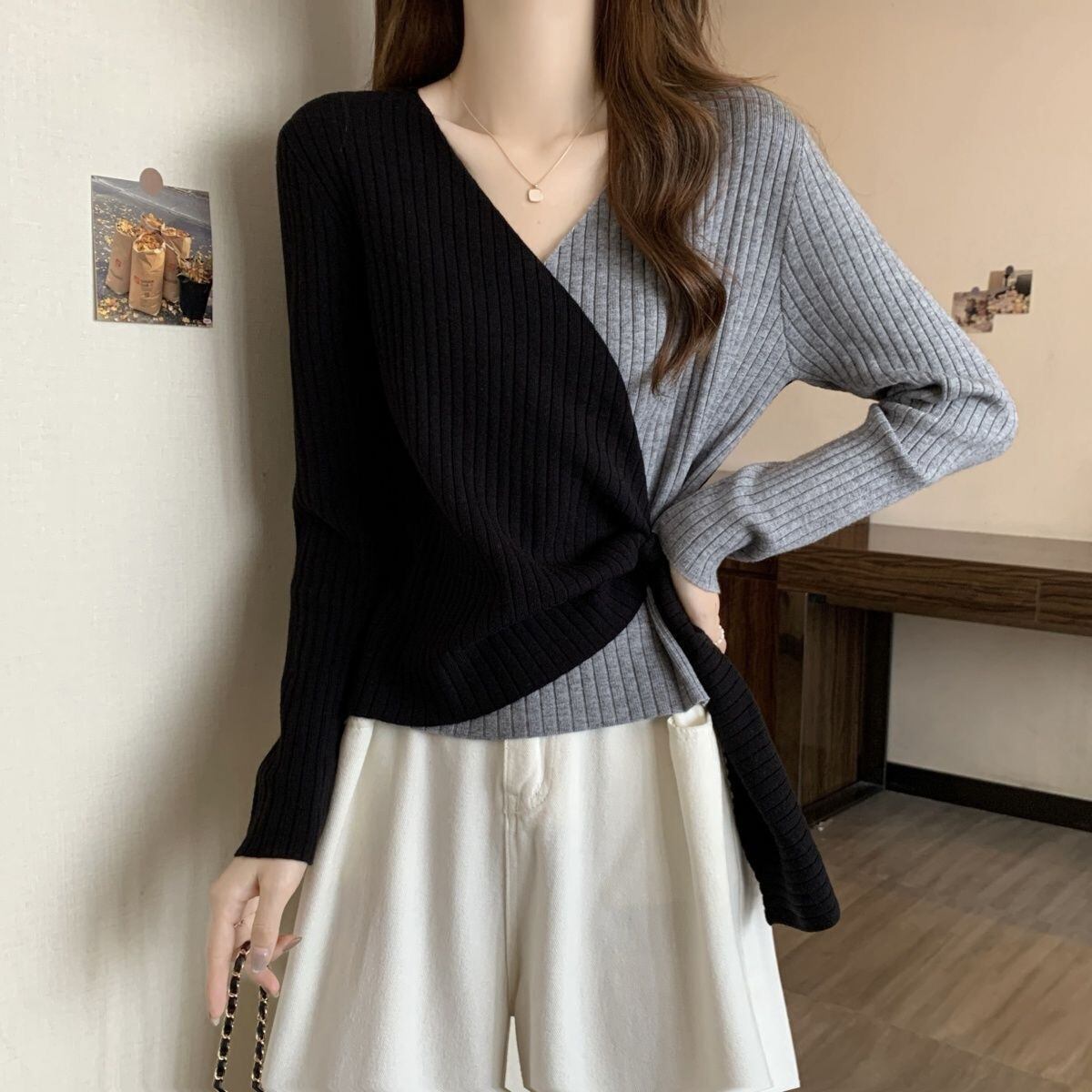 都市ファッショ デザイン オシャレ 個性的なデザイン 切り替え 2色選択 ニットトップスE-9574