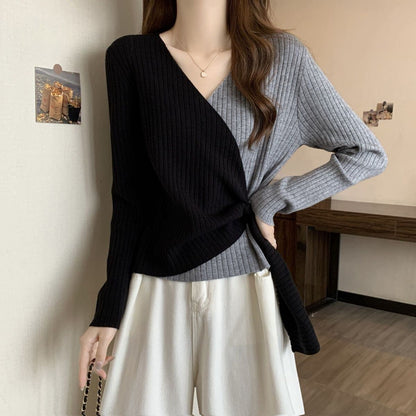 都市ファッショ デザイン オシャレ 個性的なデザイン 切り替え 2色選択 ニットトップスE-9574