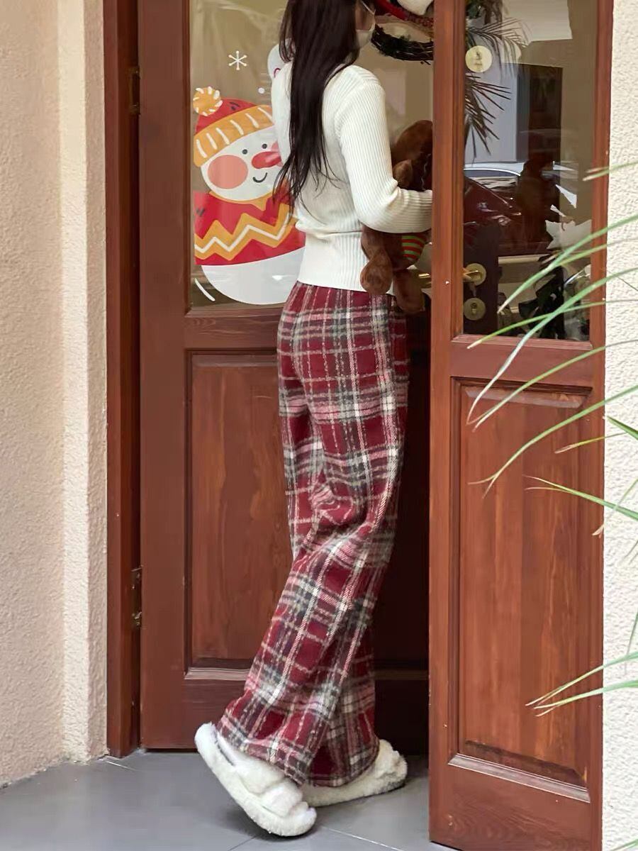 着回し力抜群 チェック柄 おしゃれ度高め 3色選択 ウールワイドレッグパンツ E-9757