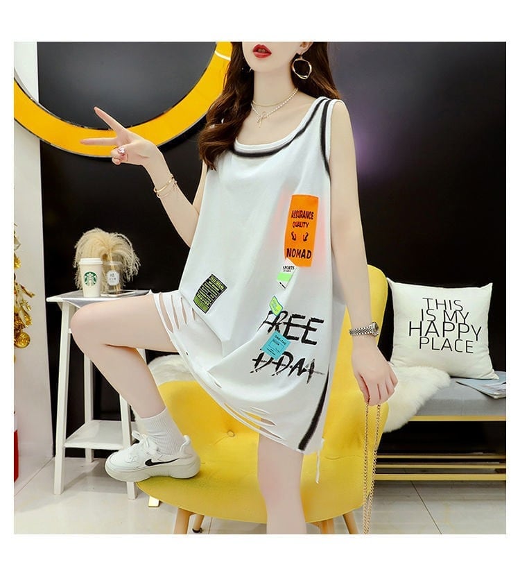 今季マストバイ ダメージ加工 デザイン性抜群 プリント全2色 ノースリーブ Tシャツ カットソーE-9141