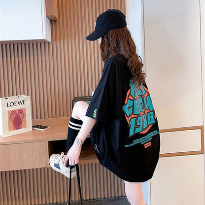 組み合わせやすい 数字ロゴ アルファベット プリントTシャツ ゆったり半袖＜ins-6527＞