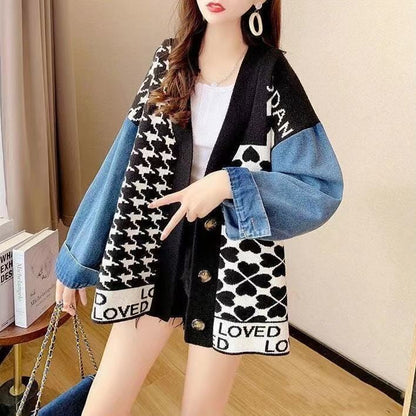 都市ファッショ デザイン オシャレ デニム切り替え 全2色 ニットカーディガンE-9377