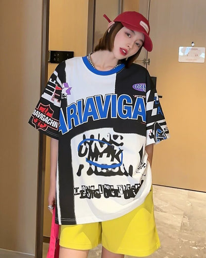 スタイルアップ効果抜群 レース アバンギャルド ダブルプリント全2色 半袖TシャツE-8980