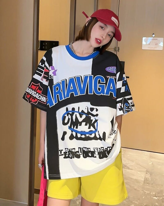 スタイルアップ効果抜群 レース アバンギャルド ダブルプリント全2色 半袖TシャツE-8980