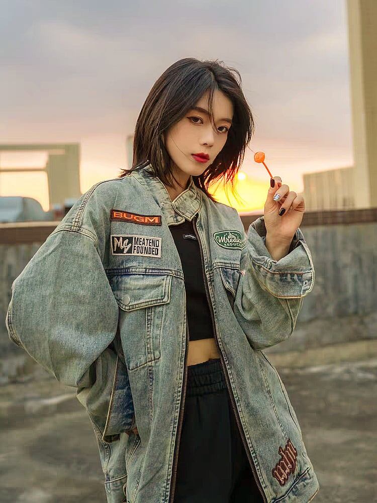 絶対流行 スタンドネック 高見えデザイン 男女兼用 デニム ジャケット ゆったり コートE-9312