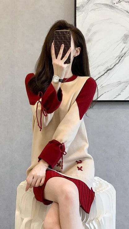 話題沸騰中 オシャレ 都市ファッショ デザイン 切り替え 2色選択可 ニットワンピース E-9722