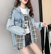 絶対流行 ファッション 活躍する優秀アイテム チェック柄 切り替え デニム Tシャツ E-9264