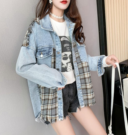 絶対流行 ファッション 活躍する優秀アイテム チェック柄 切り替え デニム Tシャツ E-9264