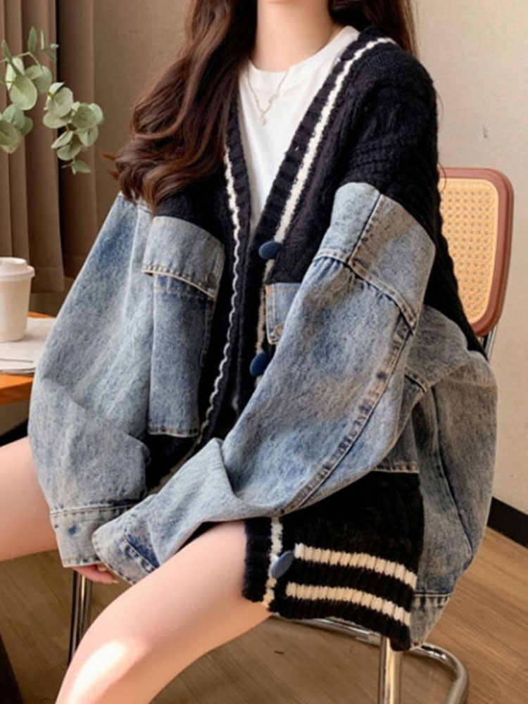 存在感抜群 おしゃれ度高め トレンドアイテム デニム 切り替え 2色選択 ニットトップスE-9724