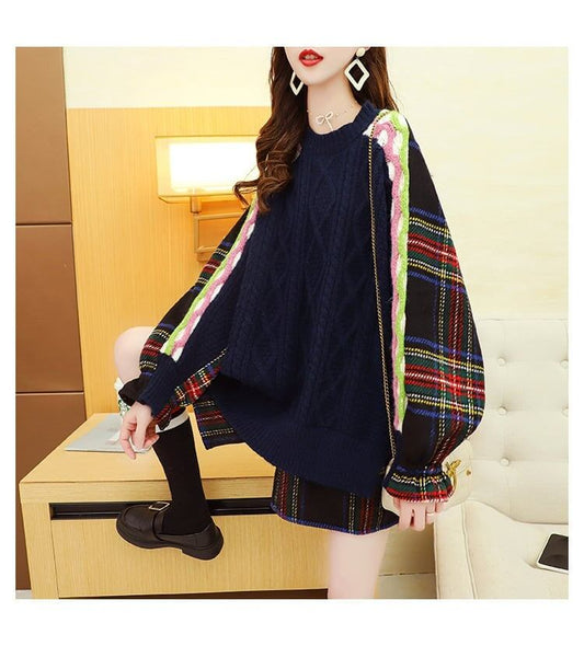 着?せレイヤード風   切り替えニットセーター二色ありE-4093