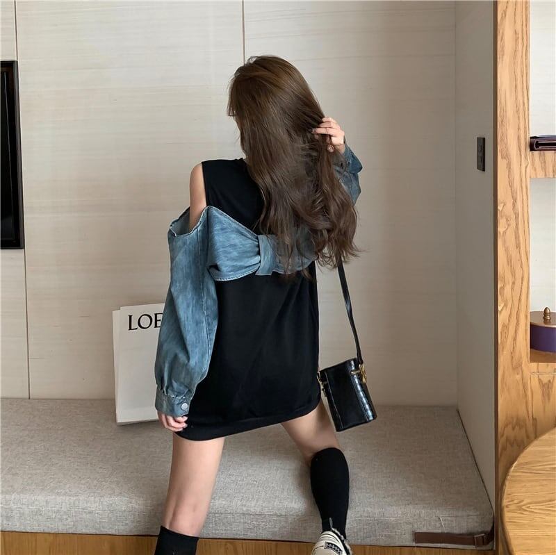 スタイリッシュ ラウンドネック 一目惚れ 切り替え 蝶結び スウェット パーカーE-2849