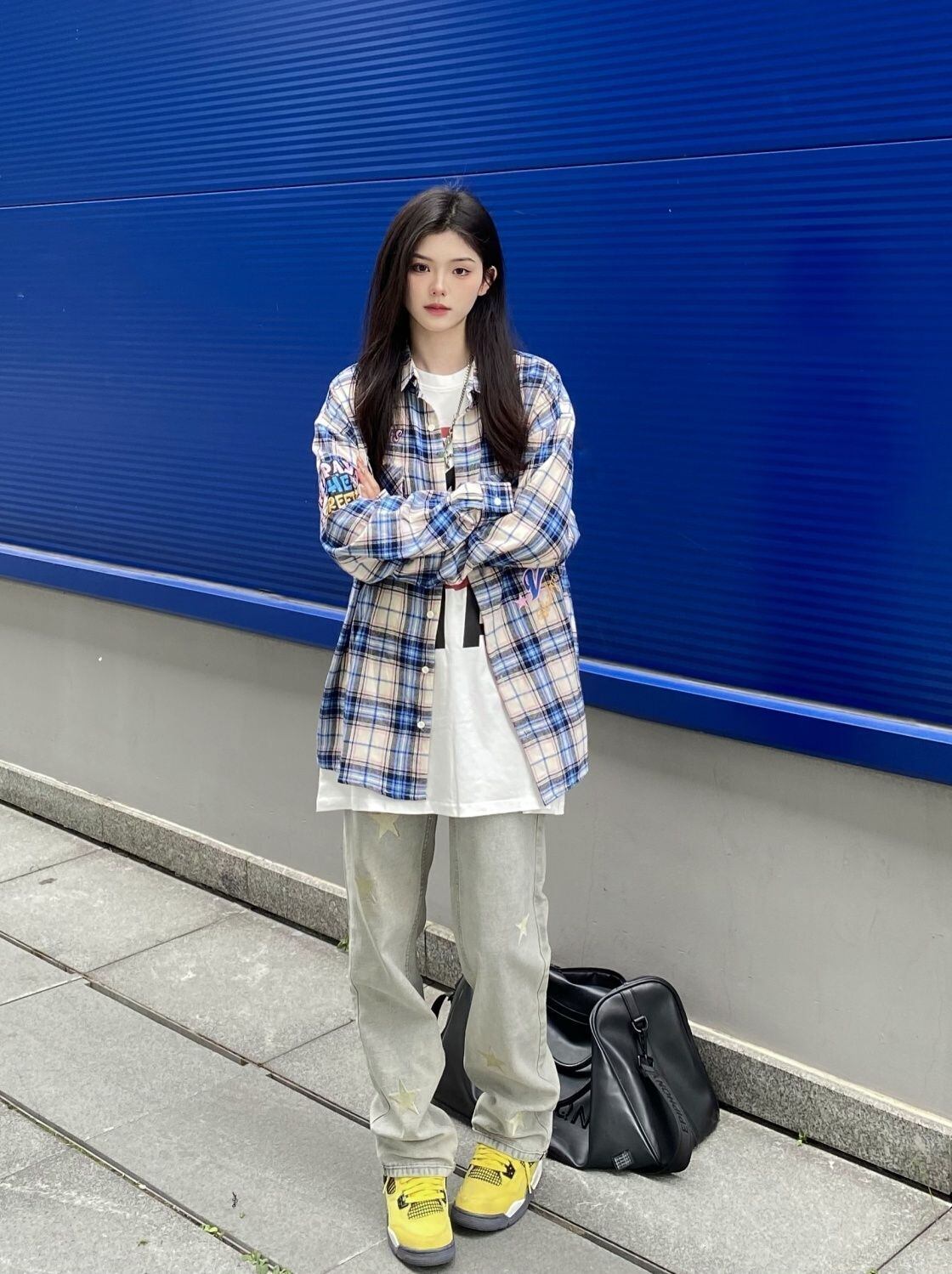 存在感抜群 カジュアル トレンドアイテム チェック柄 刺繍 全2色 シャツ E-9163