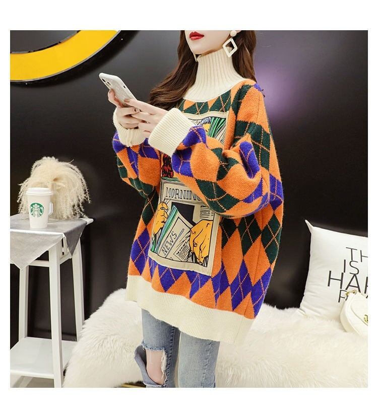 超人気配色チェック柄グラフィックロゴニットセーターハイネック3色ありE-4328