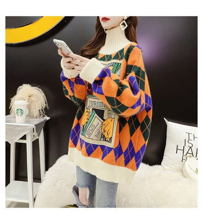 超人気配色チェック柄グラフィックロゴニットセーターハイネック3色ありE-4328