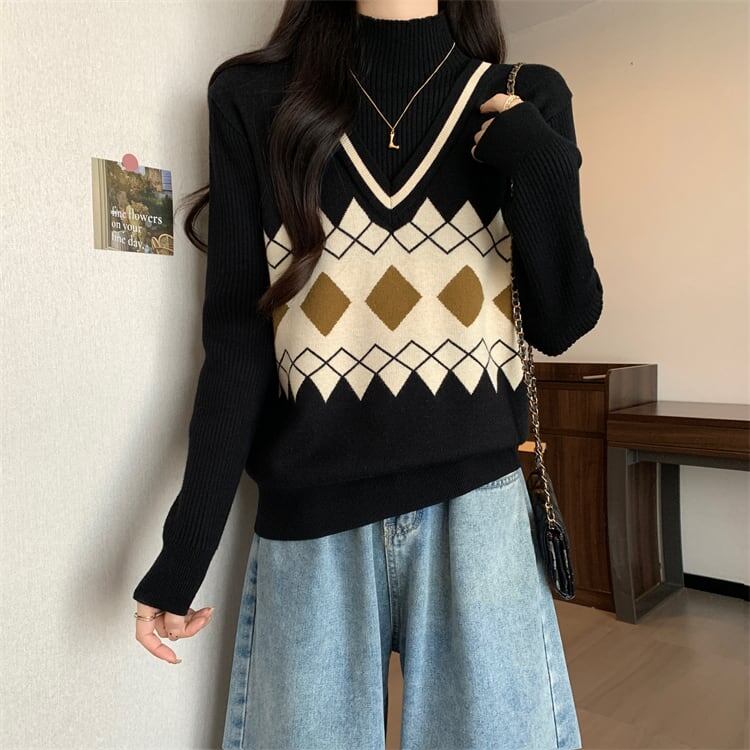 人気上昇中 レイヤード風 おしゃれ度高め 全2色 ニットトップスE-9583