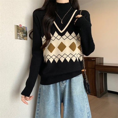 人気上昇中 レイヤード風 おしゃれ度高め 全2色 ニットトップスE-9583